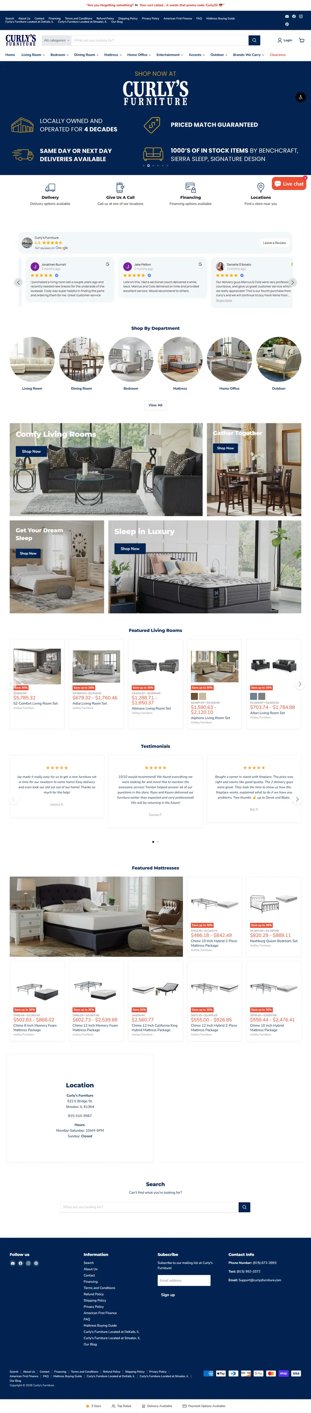 Curly's Furniture homepage built by One Tap Media