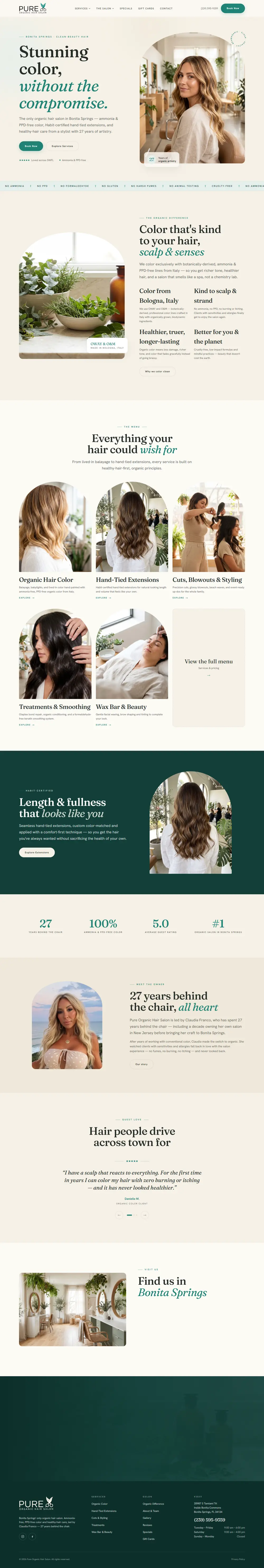Pure Organic Hair Salon homepage built by One Tap Media